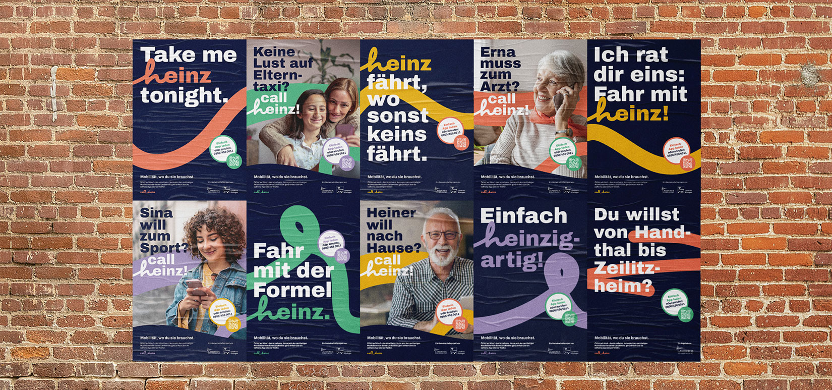 Vielfältige Plakat / Poster, die beim Gestalten des Corporate Design für callheinz entstanden sind