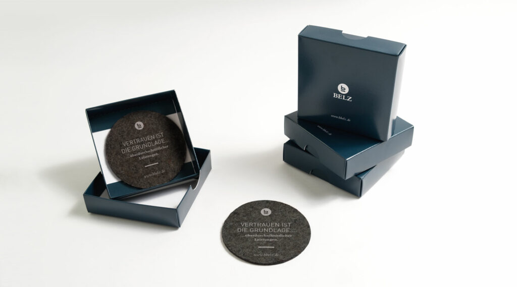 Belz GmbH Würzburg Messe Geschenk Give-Away Untersetzer Packaging