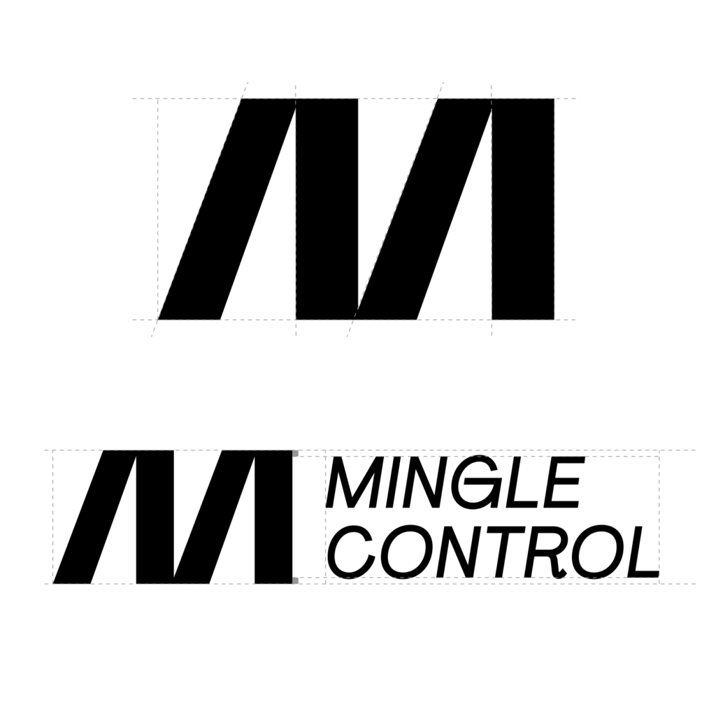 Grafik zeigt das MINGLECONTROL-Logo: Zum einen sieht man Logo-Signet, welches den Großbuchstaben "M" darstellt. Darunter ist die Kombination aus Signet und Wortmarke zu sehen. Beides wurde durch gestrichelte Linien vermessen, um Abstände und Winkel zu zeigen.