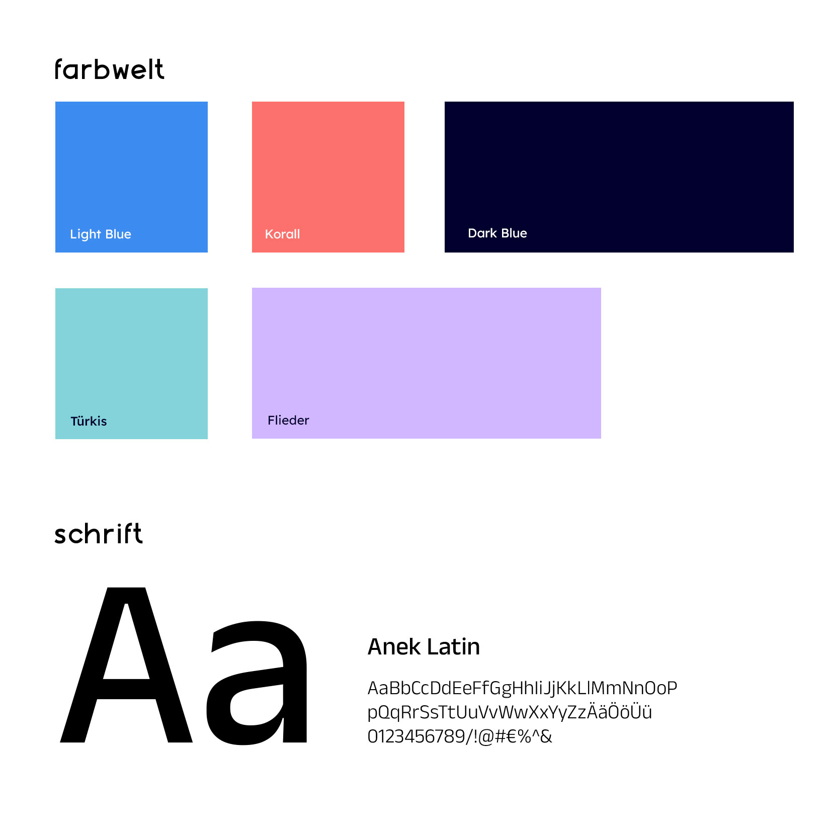 Ansicht der sechs Markenfarben und der Markenschrift "Anek Latin"