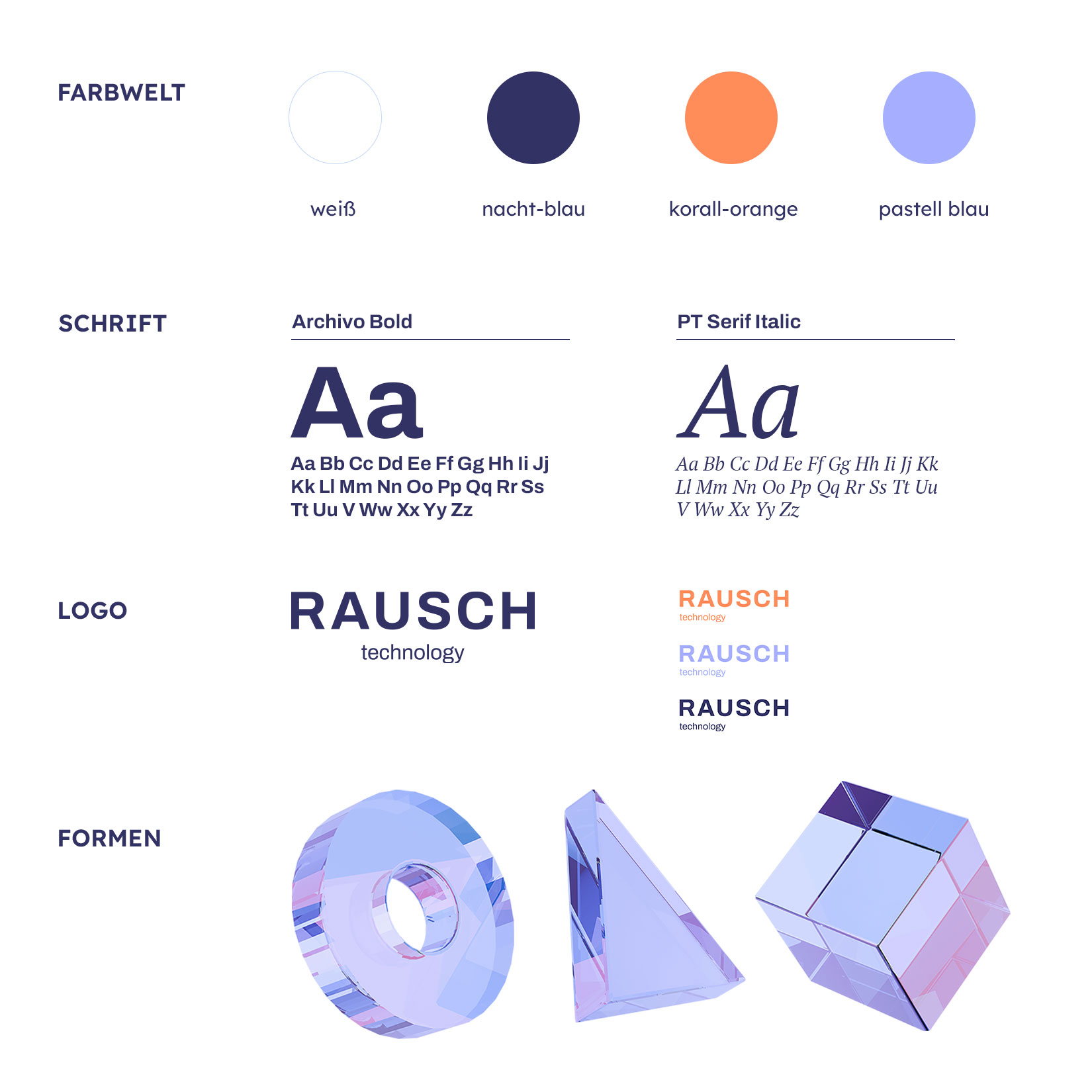 Eine Sammlung von Schrift, Farben und Formen, die die Basis für die Brandingwelt legen.