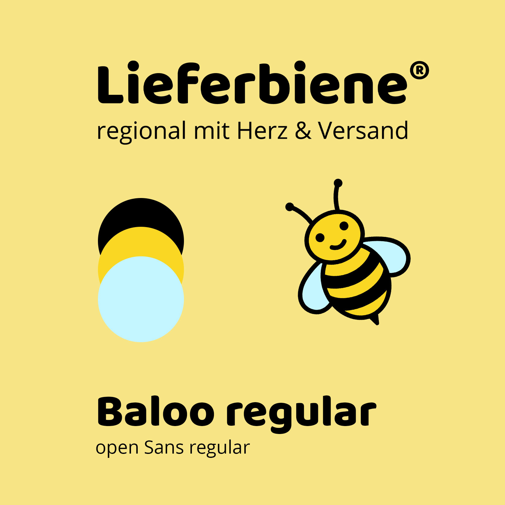 Zusammensetzung aus der Wortmarke von Lieferbiene, der Bienen Illustration aus dem Logo der Logoschrift und der Farbkacheln