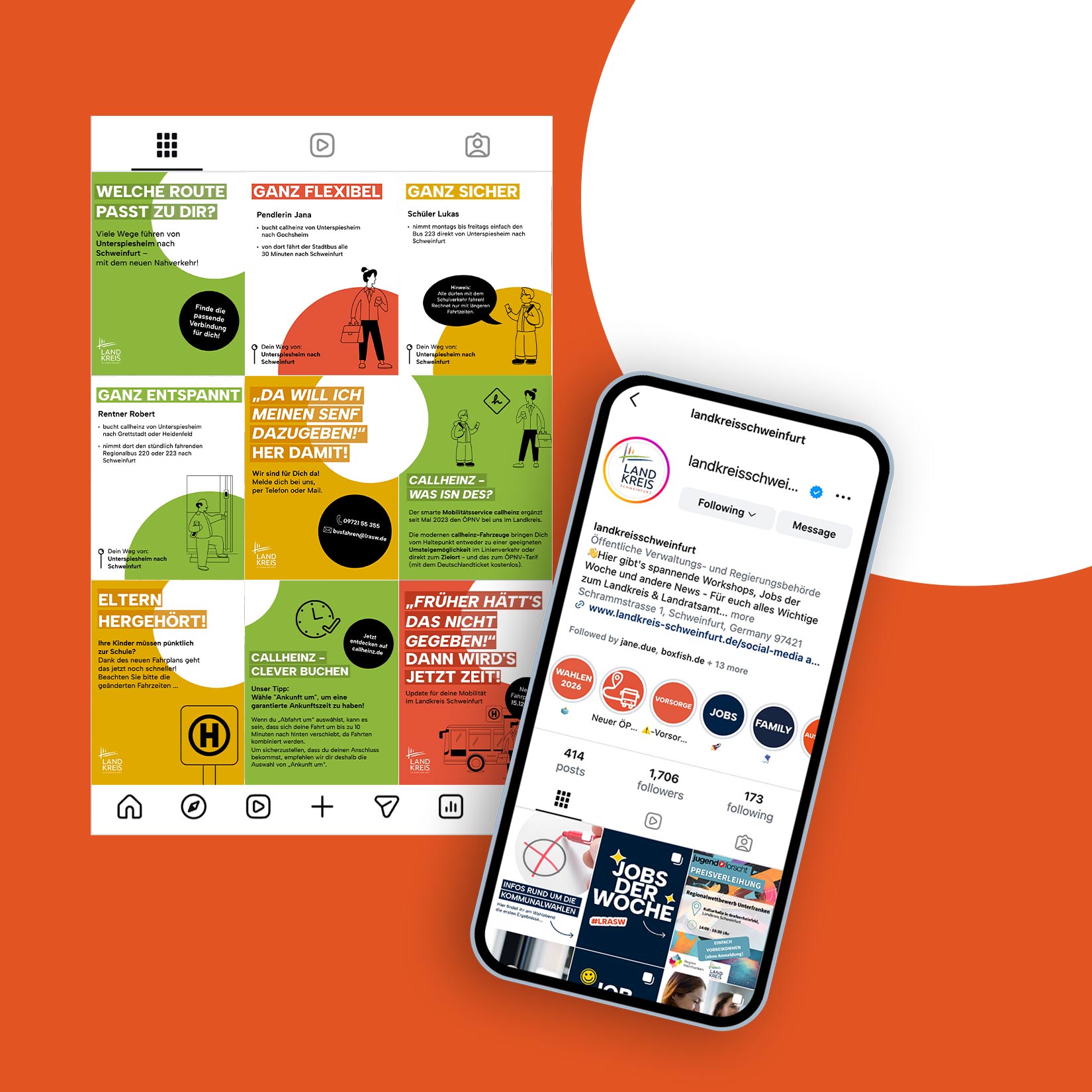 Mockup eines Handys mit dem Instagramprofil vom Landkreis Schweinfurt und große Darstellung der Beiträge in einem Grid